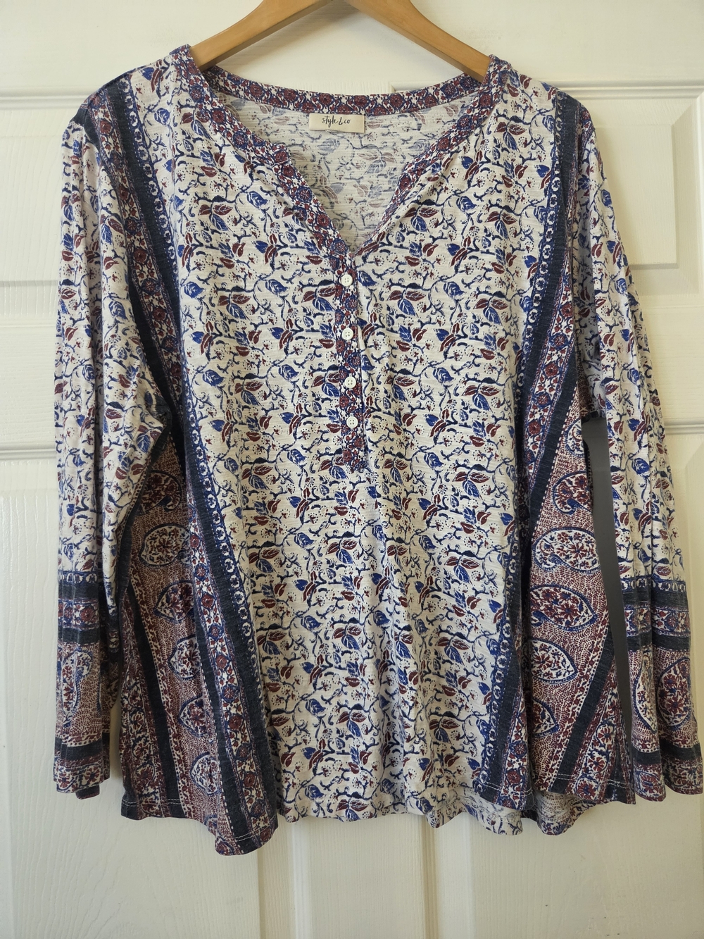 Style&Co Lightweight Cream Floral Henley Tunic with Blue and Brown Paisley